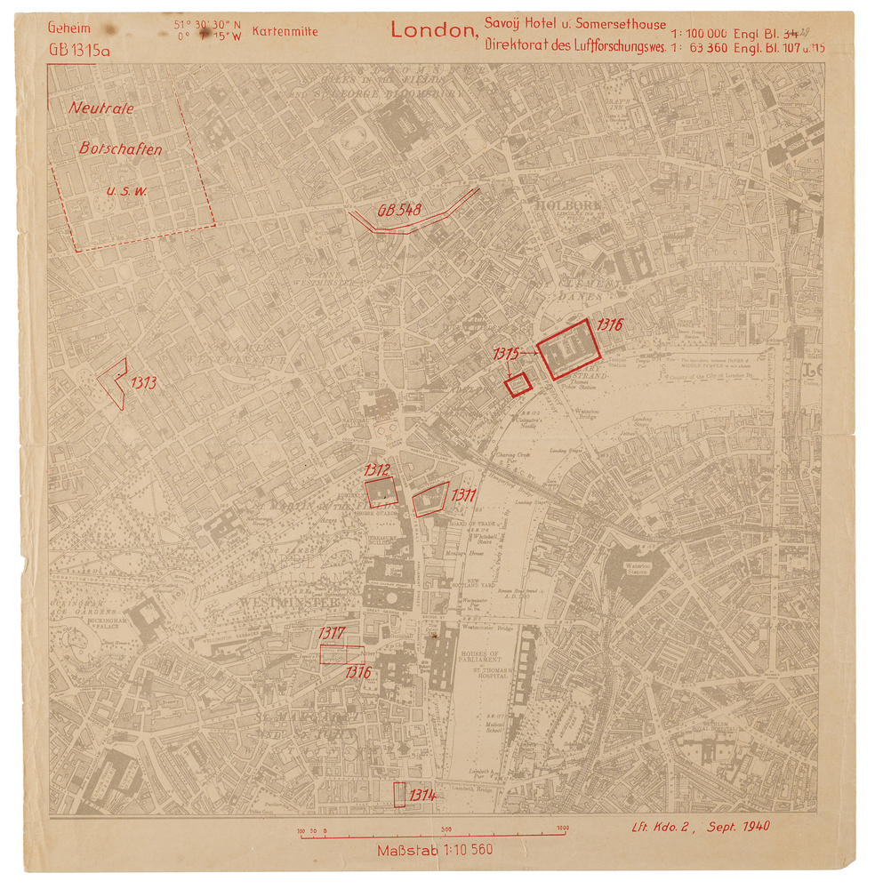 Lot 7018 German Luftwaffe ‘Secret’ Target Map of London Marking the Savoy Hotel and Somerset House (Sept. 1940)