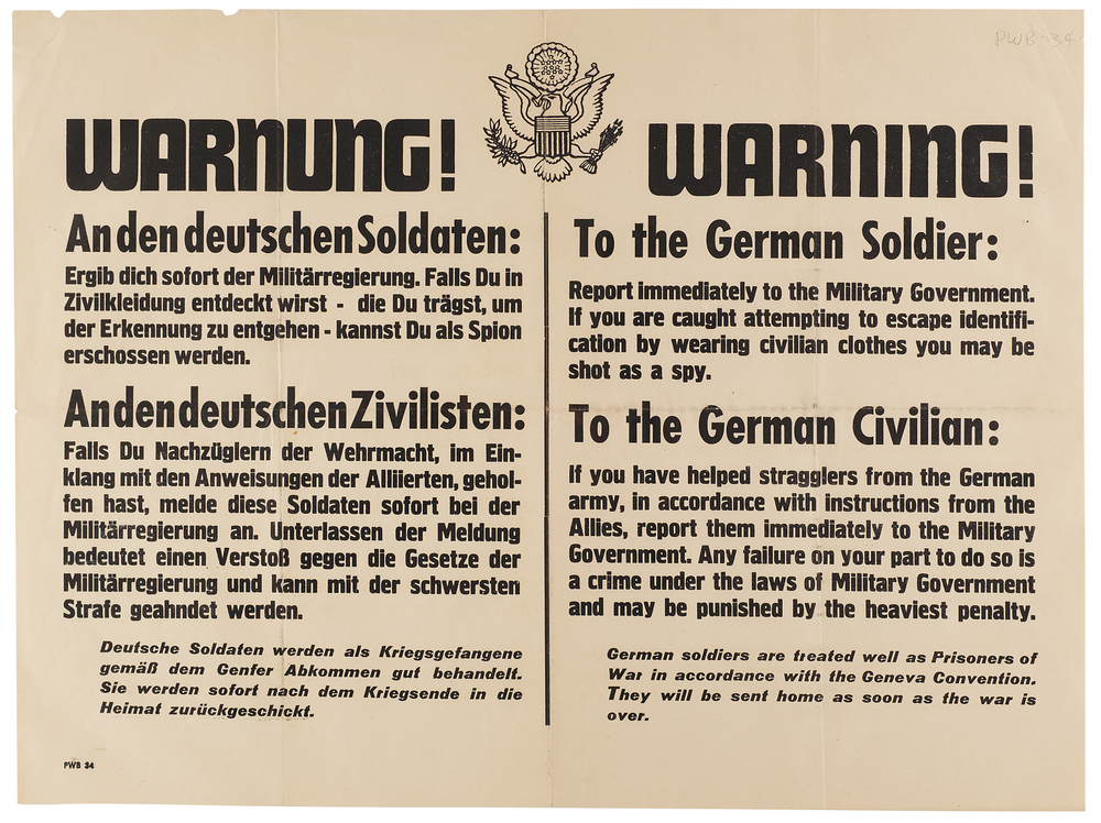 Lot 7052 WWII Allied Bilingual ‘Warning!’ Broadside to German Soldiers and Civilians - 20˝ x 15˝
