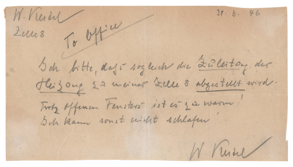 Lot 7132 Wilhelm Keitel Autograph Letter Signed Twice from Nuremberg Prison, Requesting His Cell’s Heat Be Shut Off