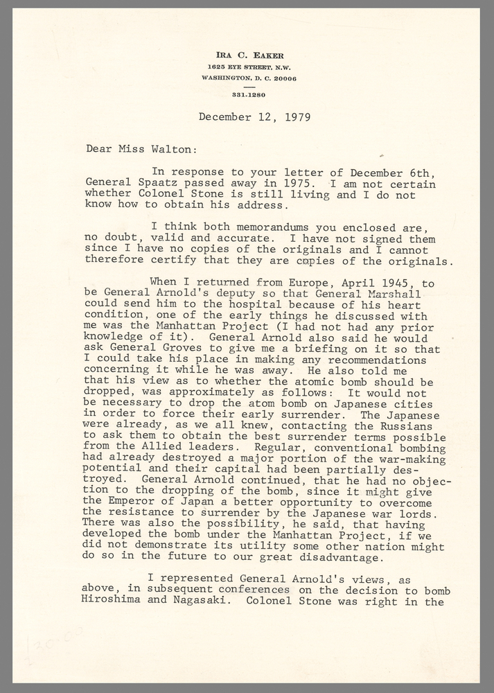 Lot 7099 Ira C. Eaker Typed Letter Signed - Recalling Hap Arnold, the Manhattan Project, and the Decision to Drop the Atomic Bomb