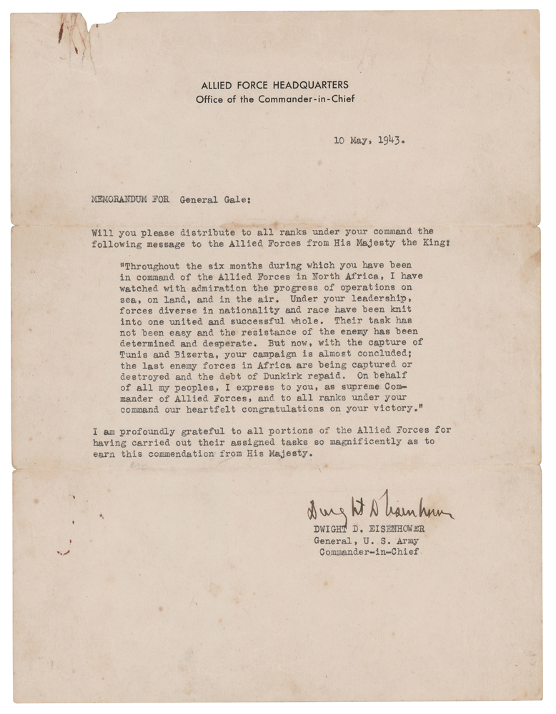 Lot 7031 Dwight D. Eisenhower War-Dated Typed Letter Signed - Relaying King George VI’s Congratulations on Victory in North Africa - “The debt of Dunkirk repaid”
