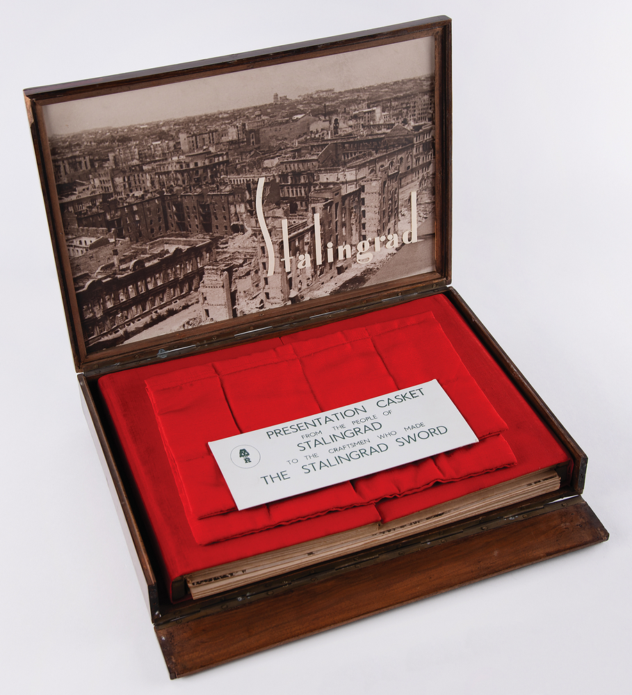 Lot 7024 Stalingrad Sword Presentation Casket (c. 1944) from the People of Stalingrad to Wilkinson Sword Craftsman J. W. Latam, with Album of (80+) Photographs