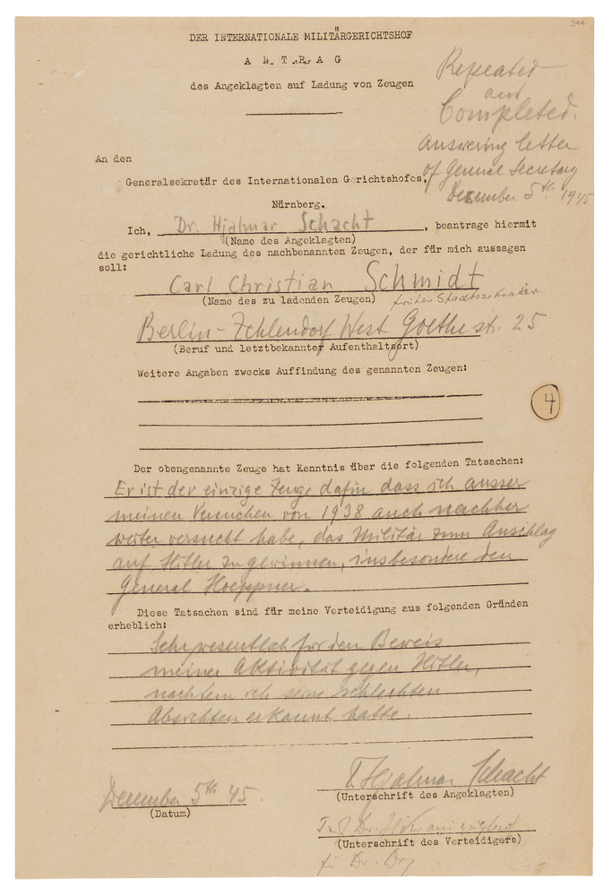 Lot 7208 Hjalmar Schacht Document Signed at Nuremberg, Concerning Attempts to Recruit General Hoepner to Overthrow Hitler