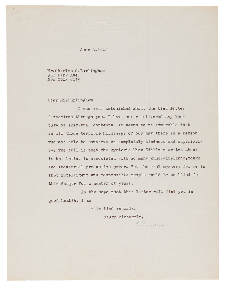 Lot 7241 Albert Einstein Typed Letter Signed, Written Days After Dunkirk on the ‘Danger’ Long Ignored by ‘Intelligent and Responsible People’ (1940)