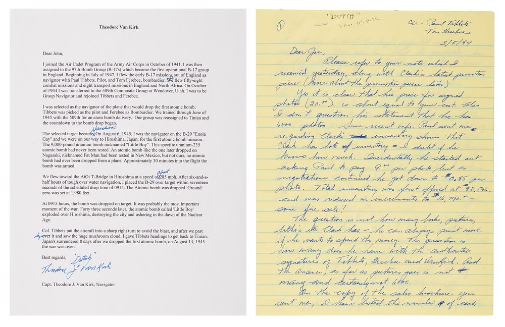 Lot 7093 Enola Gay: Theodore 'Dutch' Van Kirk (2) Signed Letters
