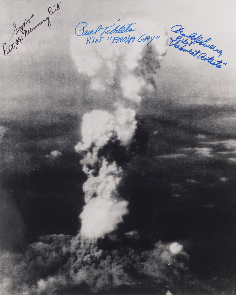Lot 7096 Hiroshima Mission Pilots Multi-Signed Photograph - Paul Tibbets, Charles W. Sweeney, and George Marquardt