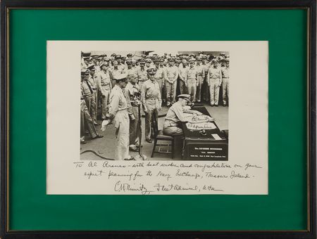 Lot #7101 Chester Nimitz Oversized Twice-Signed