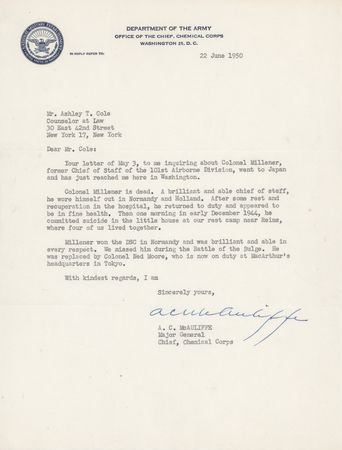 Lot #7050 Anthony McAuliffe Typed Letter Signed on