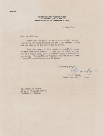 Lot #7086 Chester Nimitz War-Dated Typed Letter
