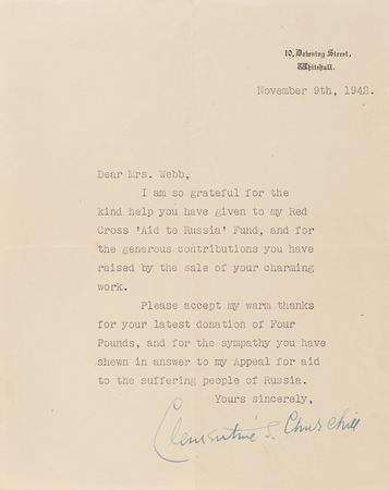 Lot #7025 Clementine Churchill WWII-Dated Typed Letter Signed, Accepting Contributions to Her Red Cross 'Aid to Russia' Fund - Image 2