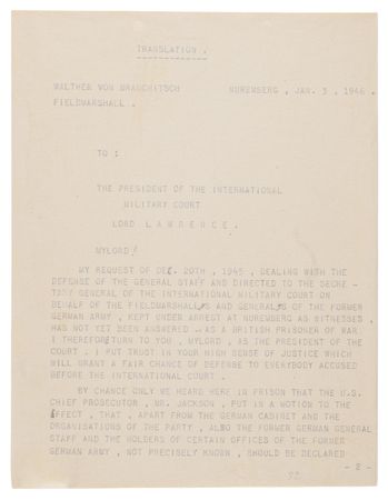 Lot #7227 Walther von Brauchitsch Partial Typed Letter Signed at Nuremberg, Defending the German General Staff - Image 1