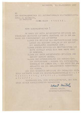 Lot #7228 Erhard Milch (2) Typed Letters Signed at Nuremberg, Defending the Luftwaffe High Command Against War Crimes Charges - Image 1