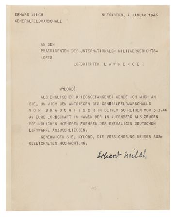 Lot #7228 Erhard Milch (2) Typed Letters Signed at Nuremberg, Defending the Luftwaffe High Command Against War Crimes Charges - Image 2