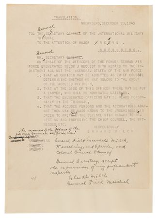 Lot #7228 Erhard Milch (2) Typed Letters Signed at Nuremberg, Defending the Luftwaffe High Command Against War Crimes Charges - Image 3