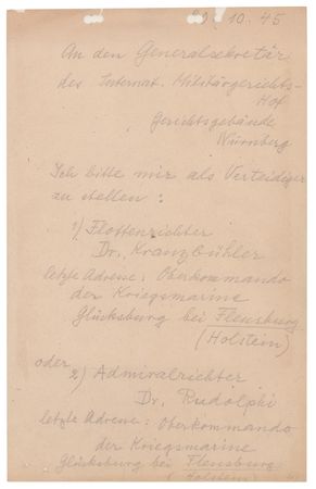Lot #7203 Karl Dönitz Autograph Document Signed, Requesting His Attorney at Nuremberg - Image 1