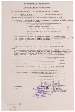 Lot #7139 Hans Frank Document Signed at Nuremberg, Requesting the 'Stroop Report' on the Destruction of the Warsaw Ghetto - Image 1