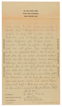 Lot #7141 Hans Frank Autograph Letter Signed from Nuremberg to His Wife: 