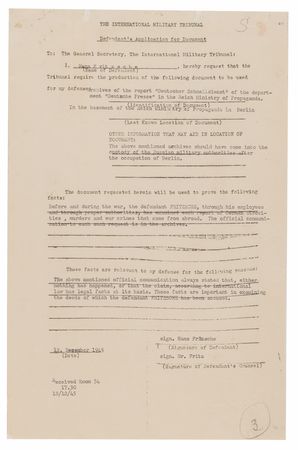 Lot #7220 Hans Fritzsche Document Signed at Nuremberg, on Examining 