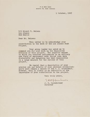 Lot #7105 Robert Oppenheimer Typed Letter Signed