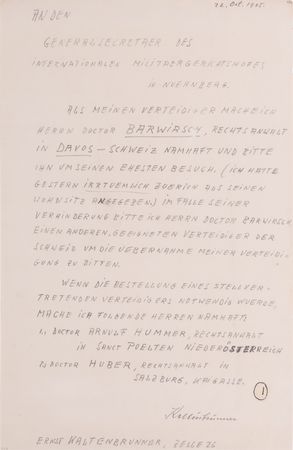 Lot #7133 Ernst Kaltenbrunner Autograph Document Signed at Nuremberg, Appointing His Attorney - Image 1