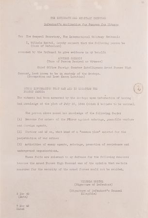 Lot #7130 Wilhelm Keitel Document Signed at Nuremberg, Seeking Testimony from Executed Abwehr Chief Wilhelm Canaris - Image 2