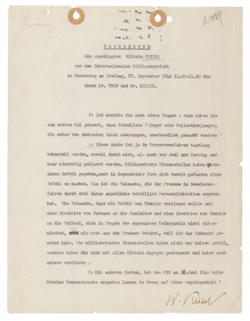 Lot #7131 Wilhelm Keitel Triple-Signed Typed Nuremberg Interrogation Transcript on the Killing of Downed Allied Airmen: 