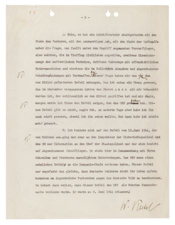 Lot #7131 Wilhelm Keitel Triple-Signed Typed Nuremberg Interrogation Transcript on the Killing of Downed Allied Airmen: 