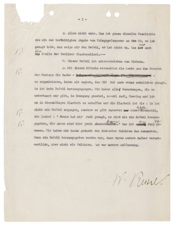 Lot #7131 Wilhelm Keitel Triple-Signed Typed Nuremberg Interrogation Transcript on the Killing of Downed Allied Airmen: 