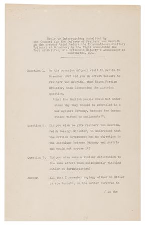 Lot #7199 Edward Wood, 1st Earl of Halifax Typed Letter Signed to the International Military Tribunal at Nuremberg on Konstantin von Neurath - Image 1