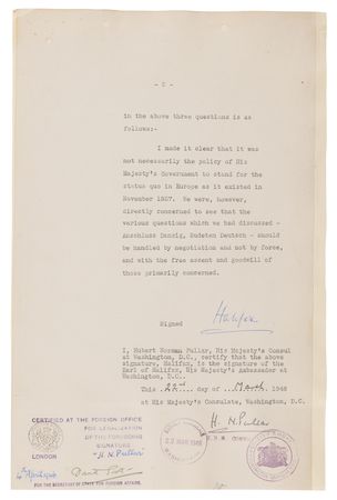 Lot #7199 Edward Wood, 1st Earl of Halifax Typed Letter Signed to the International Military Tribunal at Nuremberg on Konstantin von Neurath - Image 2