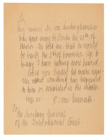 Lot #7200 Konstantin von Neurath Autograph Letter Signed, Seeking His Absent Defense Counsel Six Days Before the Opening of the International Military Tribunal at Nuremberg - Image 1