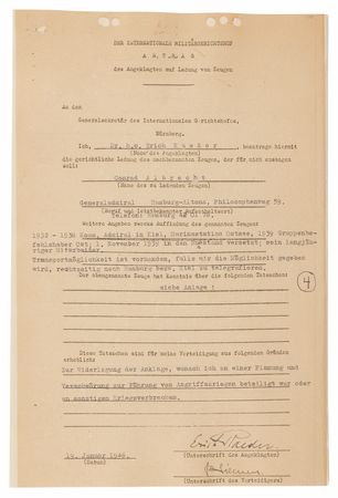 Lot #7190 Erich Raeder Document Signed at Nuremberg, Calling a Witness to Refute Charges of a “Plan and Conspiracy to Wage Wars of Attack” - Image 1