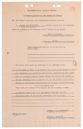 Lot #7121 Joachim von Ribbentrop Document Signed at Nuremberg, Seeking the Controversial Duke of Buccleuch as a Defense Witness - Image 2