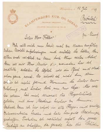 Lot #7011 Hermann Göring Autograph Letter Signed to Anthony Fokker on Promoting His Aircraft in Denmark: 