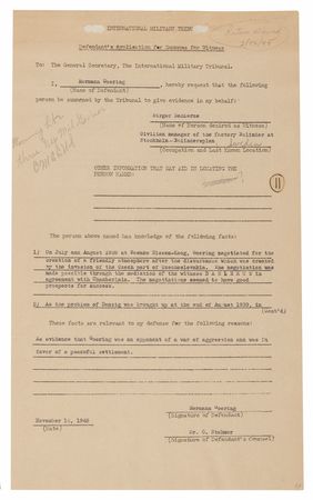 Lot #7112 Hermann Göring Document Signed at Nuremberg - Witness Application for Birger Dahlerus, Citing Secret 1939 Peace Negotiations with Britain - Image 2