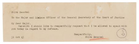Lot #7160 Fritz Sauckel Autograph Letter Signed at Nuremberg, Pleading for a Meeting to Save Himself - Image 2