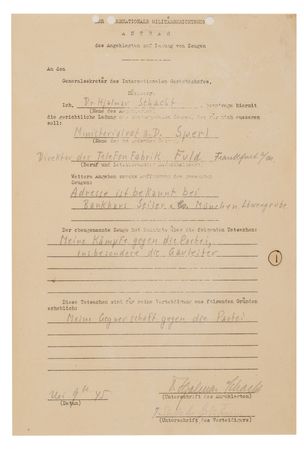 Lot #7207 Hjalmar Schacht Document Signed at Nuremberg, Calling a Banker Who Testified to His 