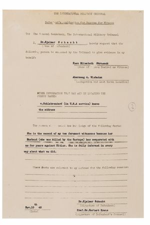Lot #7209 Hjalmar Schacht Document Signed at Nuremberg, Calling for Testimony from for Elisabeth Strünck, Widow of an Executed Anti-Hitler Conspirator - Image 2