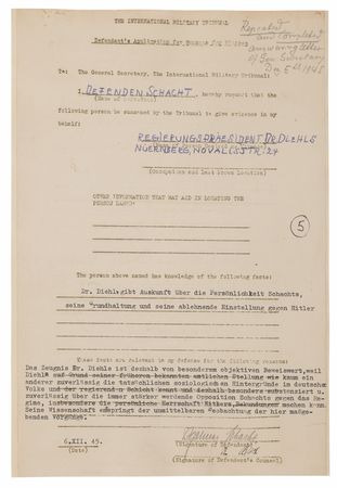 Lot #7206 Hjalmar Schacht Document Signed at Nuremberg, Calling the Gestapo Founder to Testify to His 
