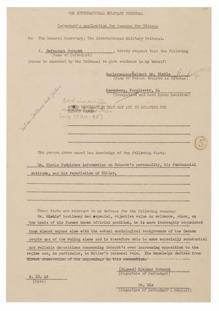 Lot #7206 Hjalmar Schacht Document Signed at Nuremberg, Calling the Gestapo Founder to Testify to His 