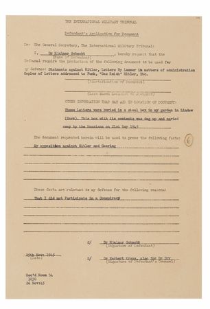 Lot #7211 Hjalmar Schacht Document Signed at Nuremberg, Calling for Buried Evidence of His 