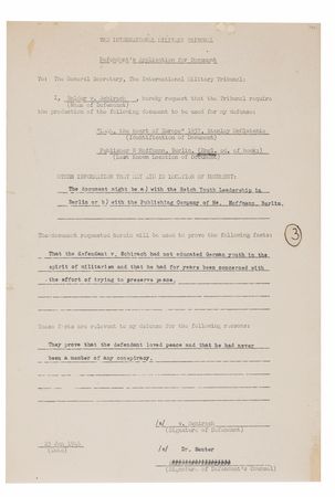 Lot #7195 Baldur von Schirach Document Signed at Nuremberg, Requesting 'Look, the Heart of Europe' as Proof of His “Effort of Trying to Preserve Peace” - Image 2