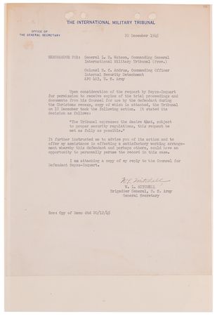 Lot #7177 Arthur Seyss-Inquart Autograph Letter Signed at Nuremberg: 