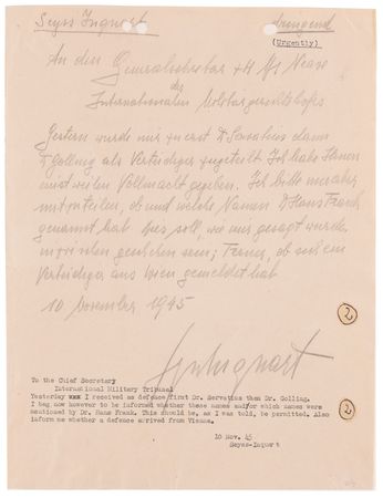 Lot #7179 Arthur Seyss-Inquart (2) Autograph Letters Signed at Nuremberg, Urgently Preparing His Defense - Image 2
