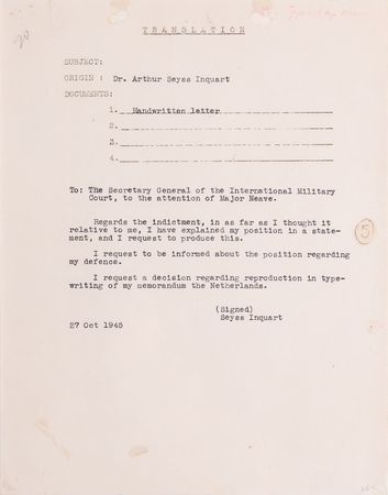 Lot #7178 Arthur Seyss-Inquart (2) Autograph Letters Signed at Nuremberg, Working Within the IMT's Bureaucracy to Mount His Defense - Image 3