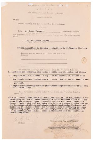 Lot #7171 Arthur Seyss-Inquart Document Signed at Nuremberg, Seeking Testimony from Friedrich Rainer on the 1938 Anschluss - Image 1