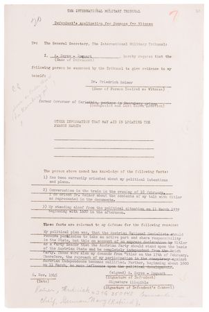 Lot #7171 Arthur Seyss-Inquart Document Signed at Nuremberg, Seeking Testimony from Friedrich Rainer on the 1938 Anschluss - Image 2