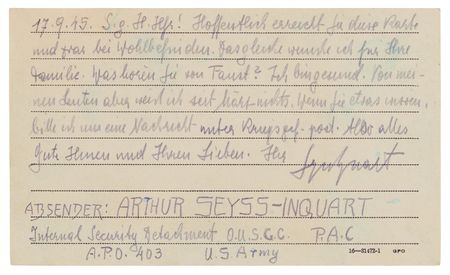 Lot #7176 Arthur Seyss-Inquart Autograph Letter Signed as Prisoner of War: 