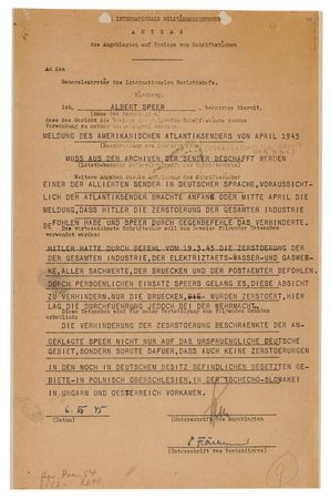 Lot #7221 Albert Speer Document Signed at Nuremberg, Seeking Proof that 