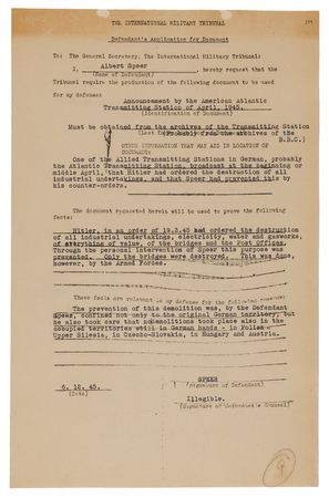 Lot #7221 Albert Speer Document Signed at Nuremberg, Seeking Proof that 